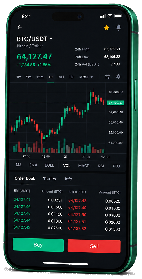 Mobilna aplikacija za trgovanje NIS Invest sa live prikazom BTC/USDT grafikona, knjigom naloga i trgovačkim interfejsom